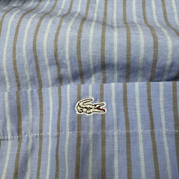 Lacoste Dress Shirt Mens 2XL Size 46 Blue Brown Striped Button Up Logo Pocket - Picture 5 of 9